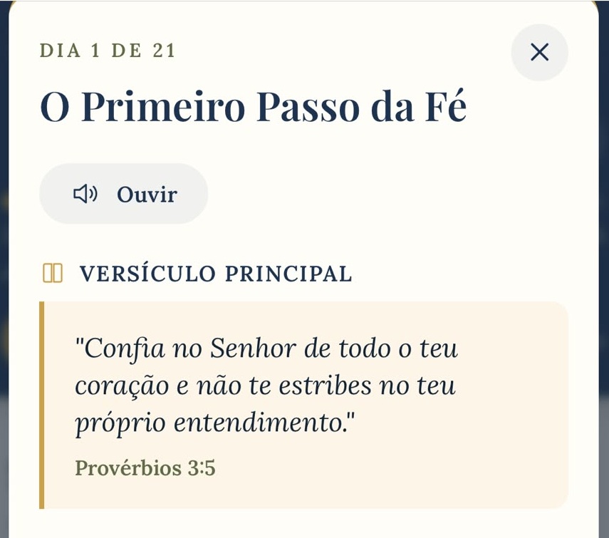 Destaque do título do dia, botão Ouvir e Versículo Principal na tela do Dia 1