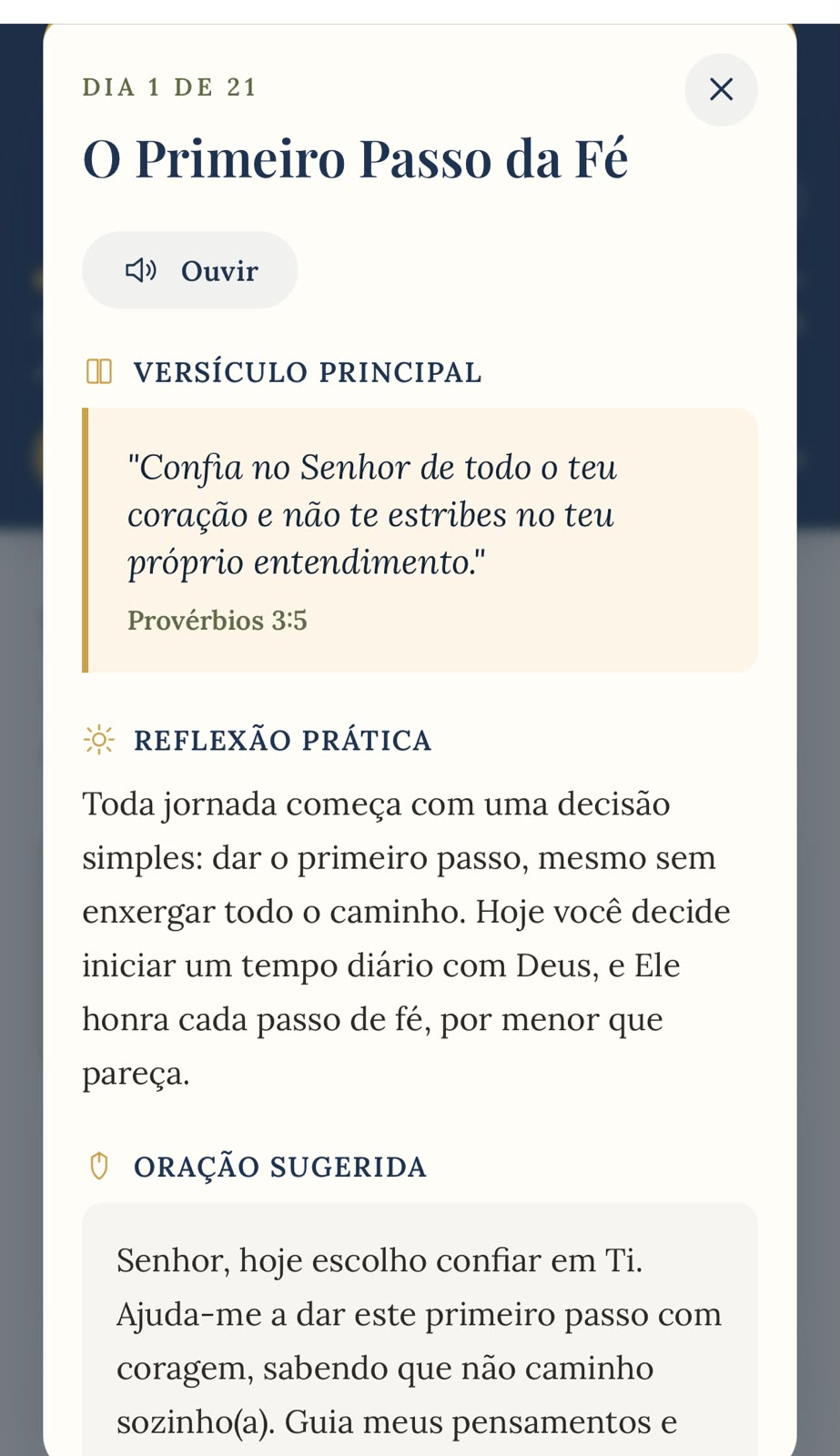 Tela do Dia 1 de 21 — 'O Primeiro Passo da Fé' — com botão Ouvir, Versículo Principal e início da Reflexão Prática
