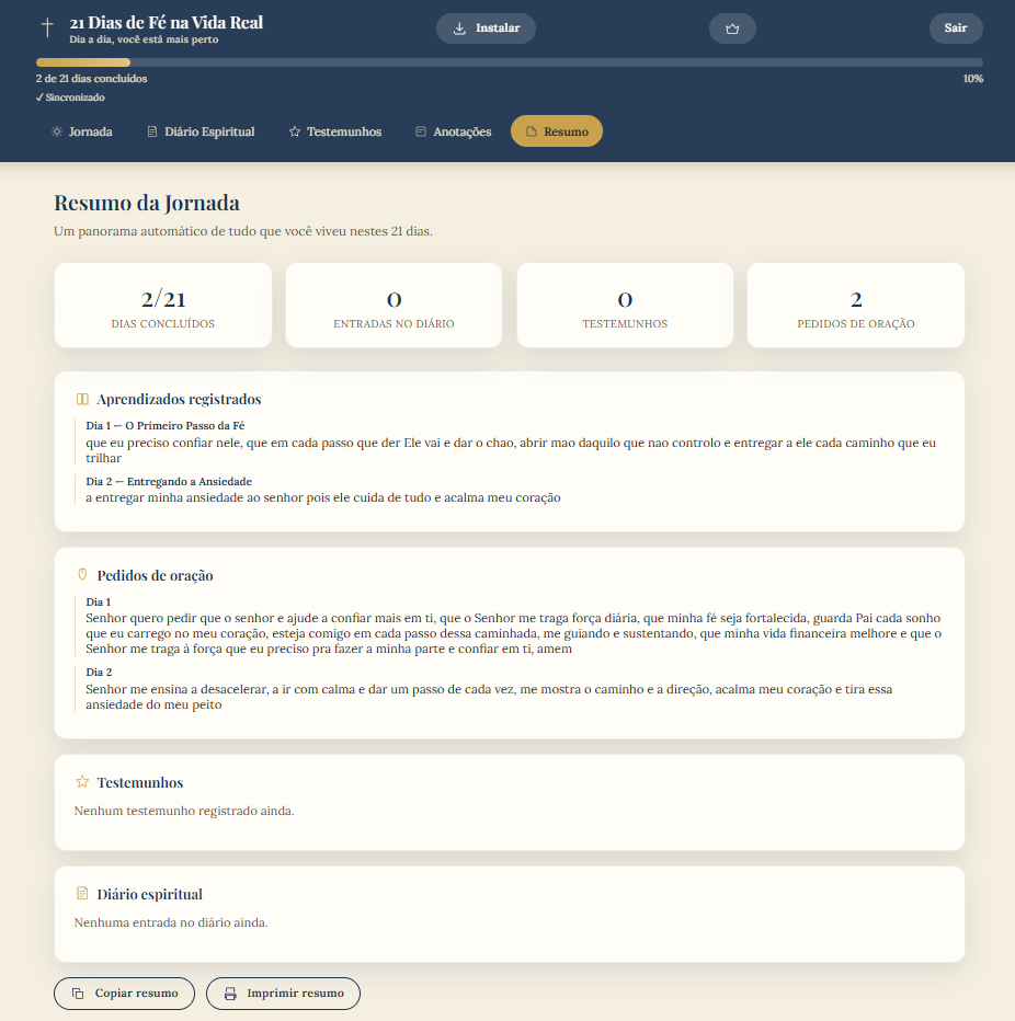 Tela 'Resumo da Jornada' com 2 de 21 dias concluídos e indicadores de progresso