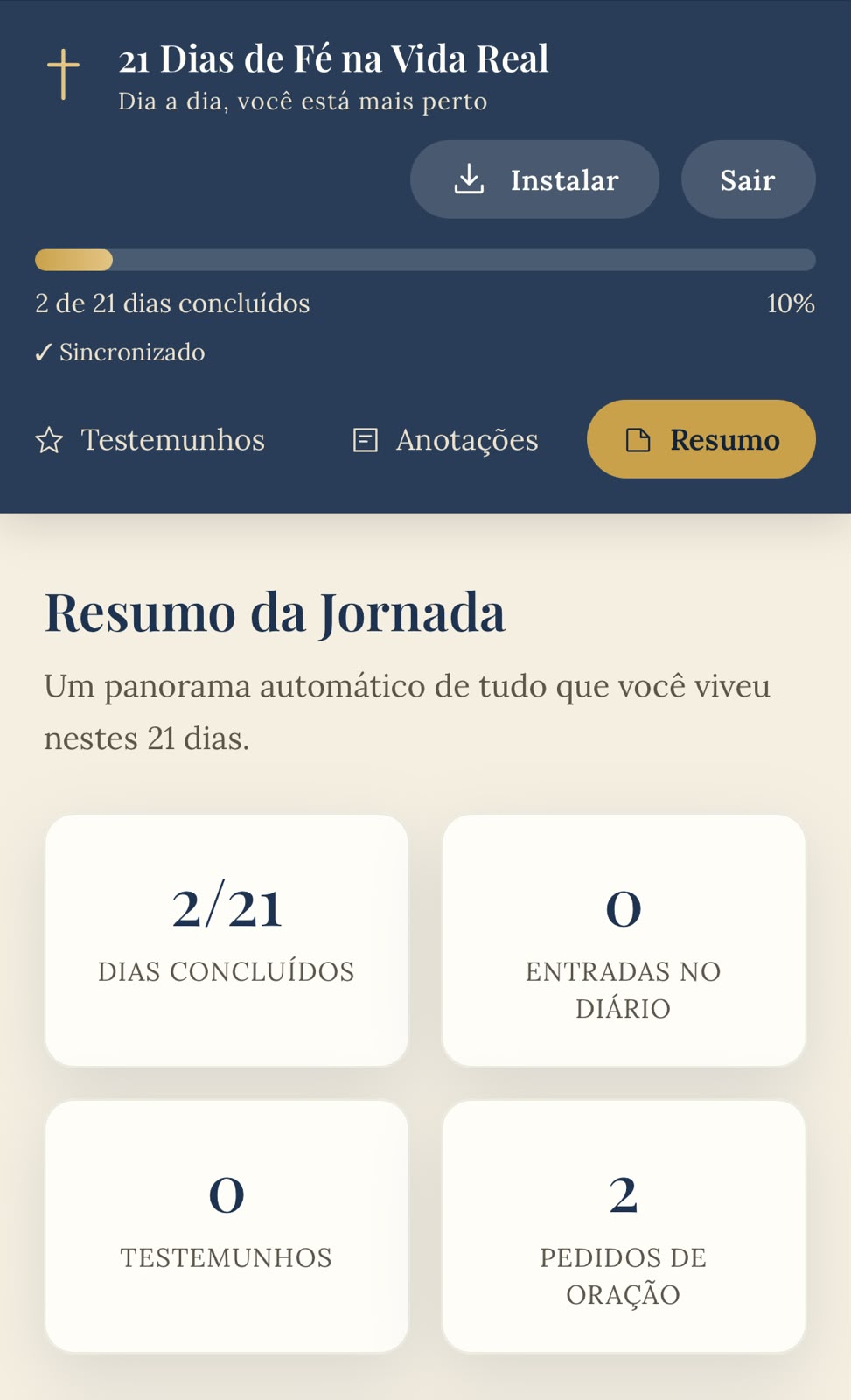 Resumo da Jornada no celular: 2 de 21 dias concluídos e indicadores de progresso