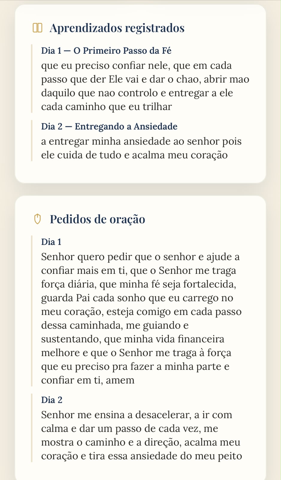 Aprendizados e pedidos de oração registrados no Resumo da Jornada